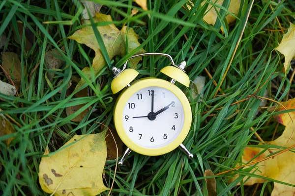 时间变了 外面的草地上挂满了秋天的黄叶 是经典的黄色闹钟 — 图库照片