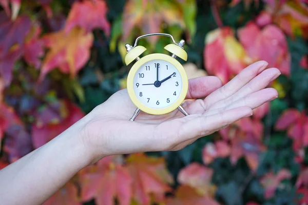 提醒大家转到冬季 一个女人在秋天树叶的衬托下拿着闹钟 — 图库照片