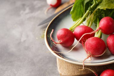 Ripe red radish in a bowl on a grey background, space for text, close-up. Fresh red radish.	