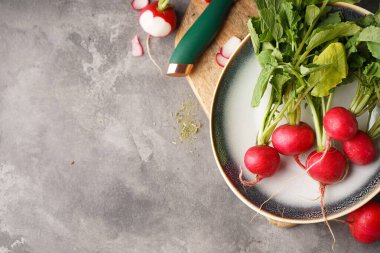 Ripe red radish in a bowl on a grey background, space for text, flat lay. Fresh red radish.	