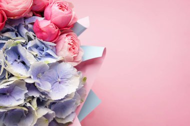 Pembe arka planda ortanca çiçekli şakayık gülleri. Mesaj için yer var. Düz yatıyordu.