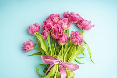 Pastel mavi arka planda taze pembe şakayık laleleri. Üst Manzara. Anneler Günü ya da Sevgililer Günü için şölen konsepti.