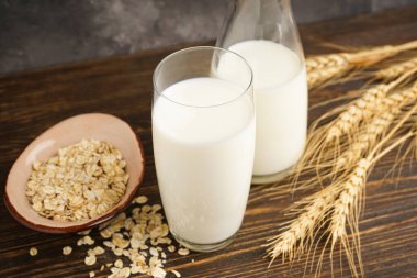 Sütlü yulaf sütü ve tahta bir arka planda yulaf ezmesi. Vejetaryen diyeti kavramı.