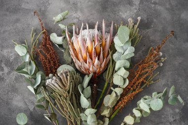 Gri bir zemin üzerinde protea, esmer ve okaliptüs dalları olan güzel bir buket..