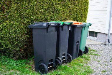 Ayrı atık toplama için farklı renklerde kapaklı bir sıra çöp kutusu: plastik, kağıt, cam, organik atık ve genel çöp. Geri dönüşüm, sürdürülebilirlik ve çevre dostu atık yönetimi kavramı.