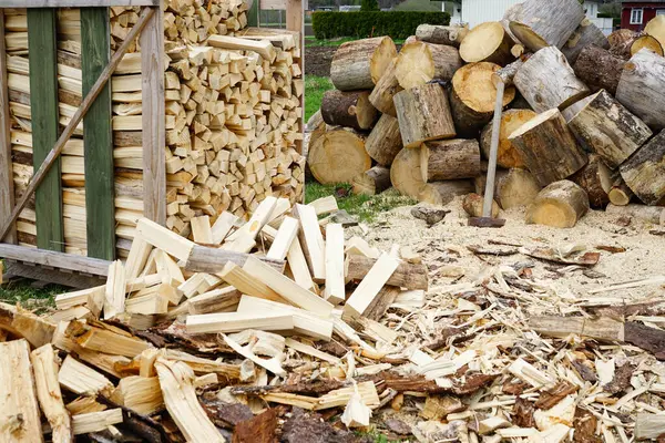 Kesilmiş odun ve kütükler dışarıda bir baltayla istiflenmiş, kış ısıtmasına hazır. Geleneksel ahşap hazırlıklarının kırsal kesimi.