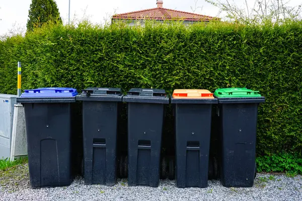 Ayrı atık toplama için farklı renklerde kapaklı bir sıra çöp kutusu: plastik, kağıt, cam, organik atık ve genel çöp. Geri dönüşüm, sürdürülebilirlik ve çevre dostu atık yönetimi kavramı.