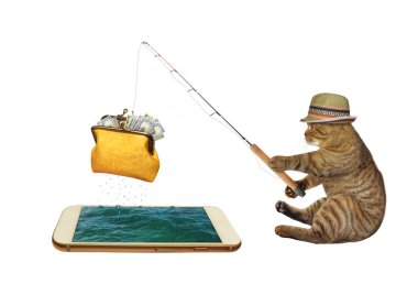 Bej renkli bir kedi, olta çubuğuyla cep telefonundan aldığı dolarlarla bir cüzdan yakaladı. Beyaz arka plan. İzole edilmiş.