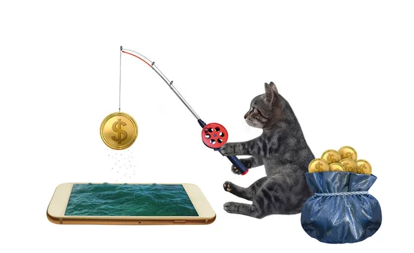 Egy Szürke Macska Fogott Egy Aranyérmét Egy Mobiltelefonról Egy Horgászbottal — Stock Fotó