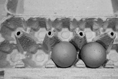 Siyah masanın üstündeki kutuda yumurtalar.