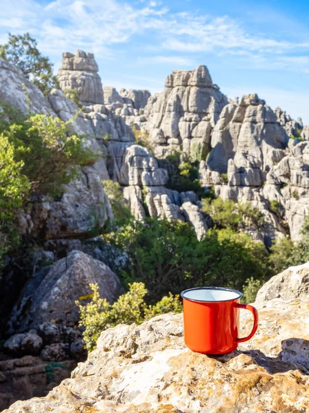 stock image Close-up of a cup of tea or coffee over an out of focus mountain landscape. Concept of hiking