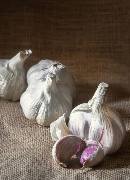 Stock image Close-up of garlic and garlic wedges. Background of sackcloth. Warm and rustic atmosphere.