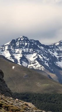 Gündoğumunda yüksek bir dağ manzarasının dikey videosu, Sierra Nevada Ulusal Parkı.