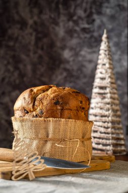 Noel 'i kutlamak için Noel ağaçlarıyla süslenmiş bir panettonun yakın çekimi..