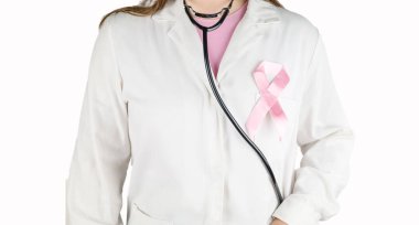 Woman doctor with pink ribbon and stethoscope, close-up. Breast cancer concept, vertical shot. clipart