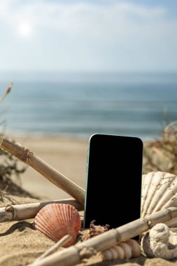Cep telefonu kumsalda kumlara sıkışmış, etrafı kuru sazlıklar ve deniz kabuklarıyla çevrili. Arka planda, Akdeniz ve bulutsuz mavi gökyüzü..