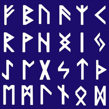 Rünler hazır. Rune alfabesi, futhark. Eski Almanlar ve İskandinavyalılar yazıyor. Mistik semboller. Esrarengiz, gizemli, büyülü. Falcılık, geleceği tahmin etmek. İzole edilmiş. Vektör illüstrasyonu
