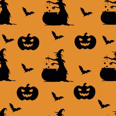 Cadılar Bayramı, desen, afiş, ilan, davetiye, fıçılı cadı, balkabağı, yarasa silueti. Hediye paketi, Azizler Günü. Sonbahar festivali, Ekim. turuncu arkaplanda desenler