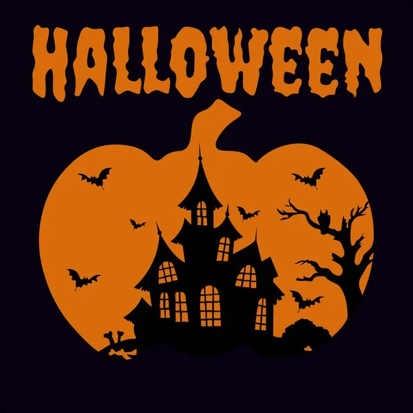 Halloween Banner Plakat Flyer Orangefarbener Kürbis Auf Schwarzem Hintergrund Burg — Stockvektor