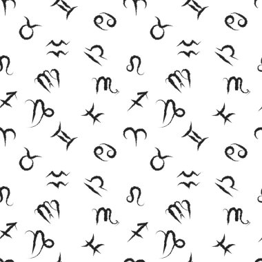 Siyah çizgili burç deseni, el çizimi. Tekstil, duvar kağıdı, afiş, ambalaj, hediye kağıdı, ekran koruyucu. Koç, Boğa, İkizler, Kanser, Aslan, Başak, Terazi, Akrep, Yay, Oğlak, Kova, Balık