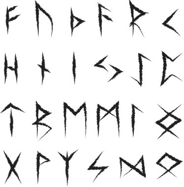 Mühür seti. Runik alfabe, futhark. Eski Almanların ve İskandinavyalıların yazıları. Mistik semboller. Esrarengizlik, okültizm, sihir. Falcılık, geleceği tahmin etmek. Siyah çizgilerin rünleri