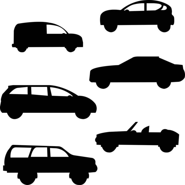 set of silhouettes of cars of different brands. black silhouettes of different cars