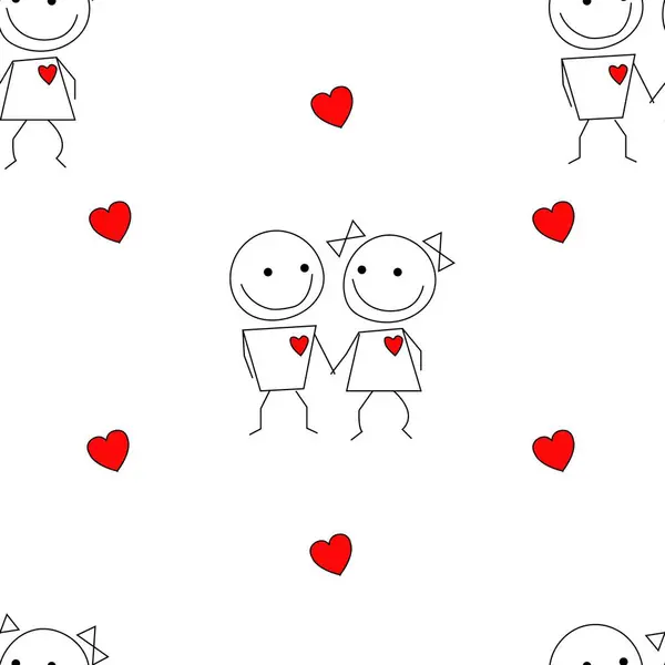 Couple Love Simple Lines Drawn Pencil Pattern Valentine Day Red — Stock Vector