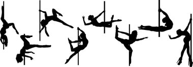 Direkte dans eden kızlar. Direk dansı. Akrobasi yapan kızların siluetleri. Spor kadınları, güzel, egzotik danslar.