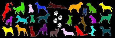Büyük renkli köpek siluetleri ve neşeli pozlarda köpek ve köpek yavruları.
