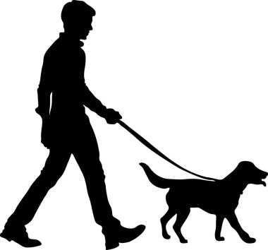 Tasmalı köpekli bir adam. Köpeği gezdiren bir adamın silueti.