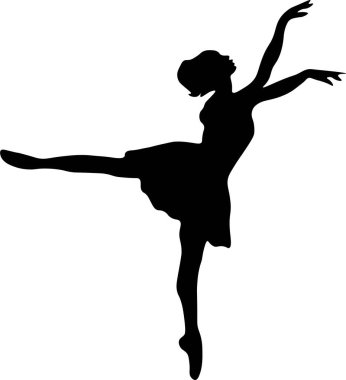  Balerin, bale, modern dans pozisyonları. Beyaz arka planda dans eden bir kızın siyah silueti. Dans, sahne sanatları ve fitness ile ilgili tasarım projeleri için ideal