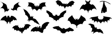 Yarasa silueti koleksiyonu, Cadılar Bayramı tasarımları, ürkütücü sanat projeleri ve gece temalı yaratıcı işler için mükemmel. Uçan çeşitli yarasalar, karanlık, kanatlı, korkunç, siyah tasarım elementleri.