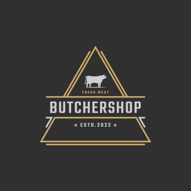 Antika Retro Rozet Amblemi Biftek Evi Boğa Silueti Çiftlik veya Restoran Logosu Tasarımı Doğrusal Tarzı