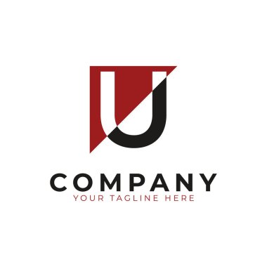 Soyut Logo Üçgen ve Harf U 'yu Birleştiriyor. Siyah ve Kırmızı Geometrik Ev Sembolü Kesme Biçimine Bağlı. İnşaat Mimarisi Logosu için kullanılabilir. Düz Vektör Logo Tasarım Fikir Şablonu