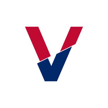 V harfi mavi ve kırmızı logo. Geometrik Şekiller Beyaz Arkaplanda izole edilmiş Kes Biçimi