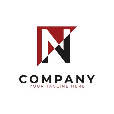 Soyut Logo Üçgeni ve Harf N. Siyah ve Kırmızı Geometrik Ev Sembolleri Kesme Biçimi ile Birleştirildi. İnşaat Mimarisi Logosu için kullanılabilir. Düz Vektör Logo Tasarım Fikir Şablonu