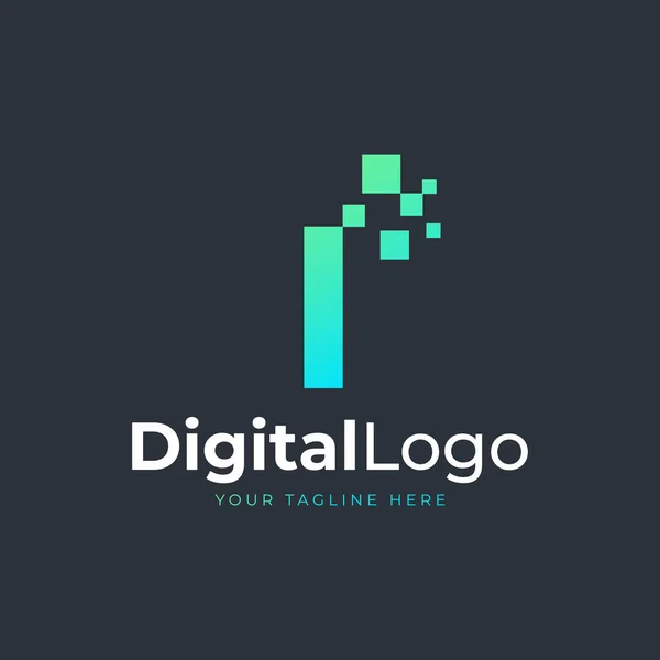 ロゴ入りの技術レター 正方形のピクセルドットと青と緑の幾何学的な形状 ビジネスおよびテクノロジーのロゴに使用できます デザインアイデアテンプレート要素 — ストックベクタ