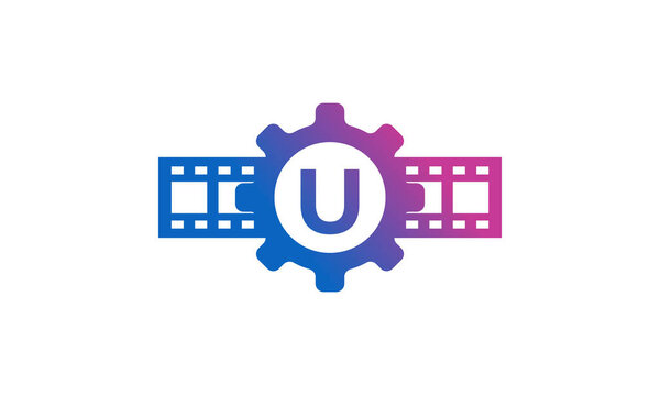 Initial Letter U Gear Cog Wheel with Reel Stripes Filmstrip for Film Movie Cinema Production Studio Logo Inspiration
