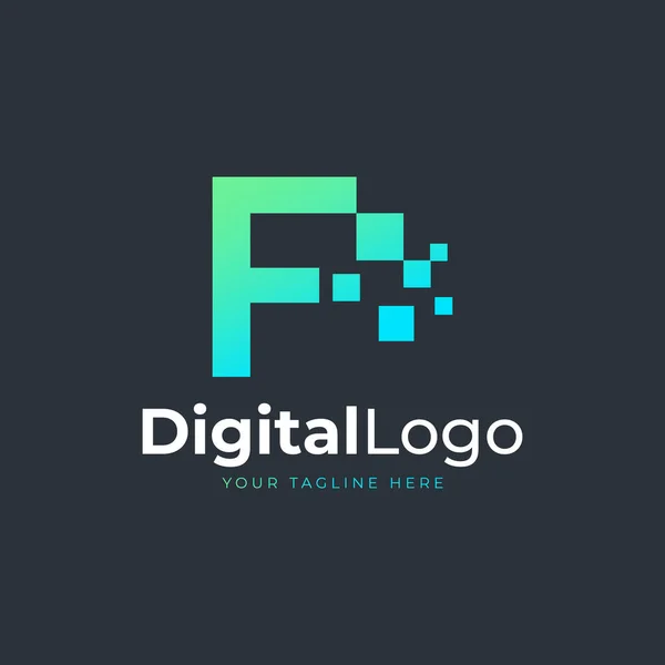 テックレターFのロゴ 正方形のピクセルドットと青と緑の幾何学的な形状 ビジネスおよびテクノロジーのロゴに使用できます デザインアイデアテンプレート要素 — ストックベクタ