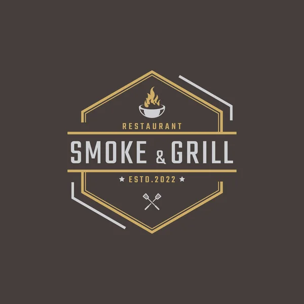 stock vector Vintage Retro Badge Emblem Grill Barbeque BBQ Fire flame Logo Design Linear Style