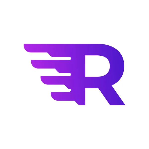 高速無料最初の手紙R配信ロゴ 幾何学的翼の組み合わせと紫グラデーション形状 — ストックベクタ