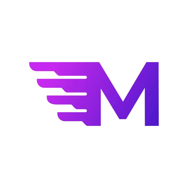 高速無料最初の手紙M配信ロゴ 幾何学的翼の組み合わせと紫グラデーション形状 — ストックベクタ