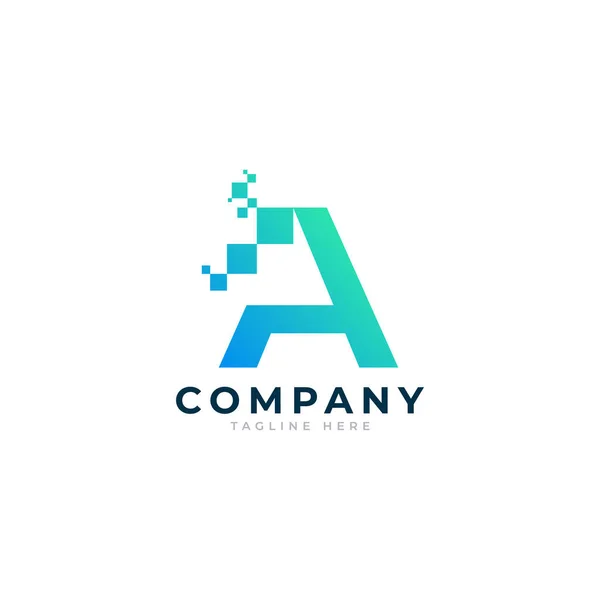 Lettera Tecnica Logo Forma Geometrica Blu Verde Con Punti Pixel — Vettoriale Stock