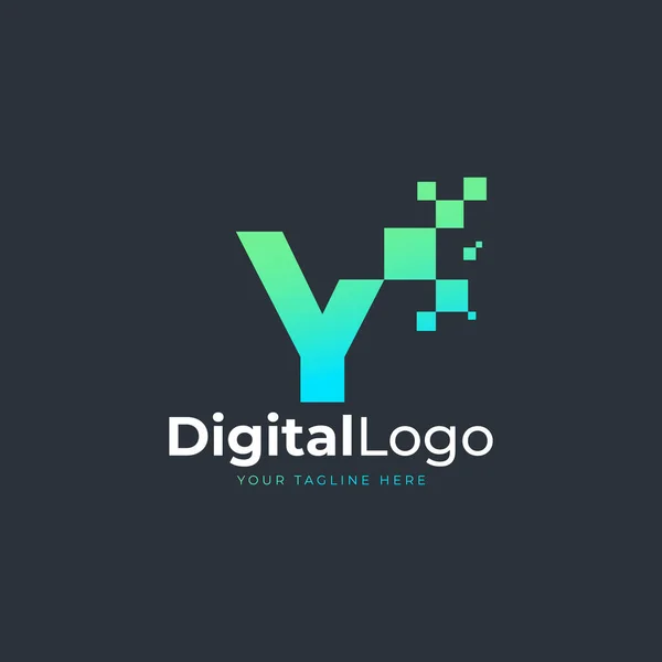 Teknisyen Logosu Kare Pikselli Mavi Yeşil Geometrik Şekiller Teknoloji Logoları — Stok Vektör
