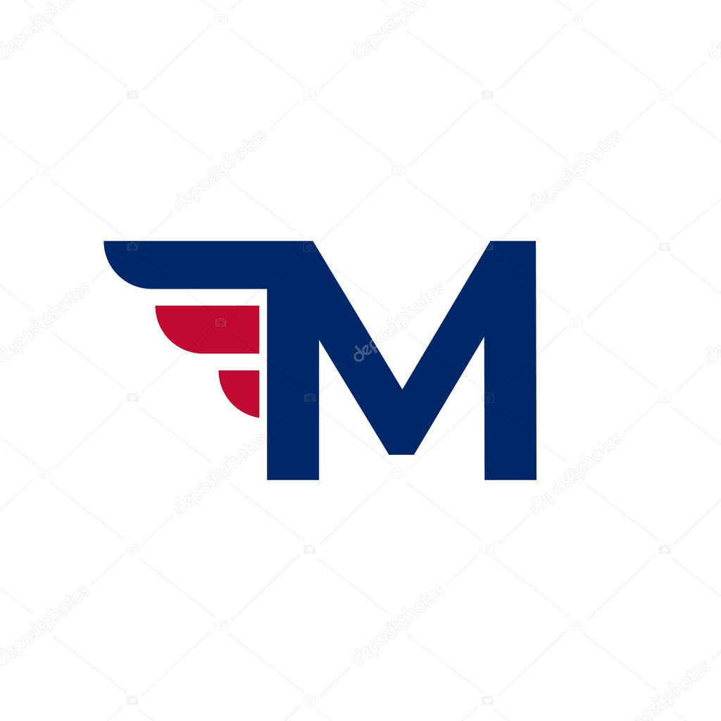 Alphabet Letter M with Fast Wings Logo Design Element on White background Vector Illustration