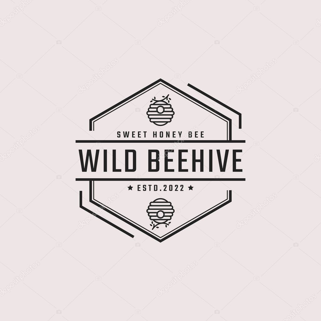 Vintage Retro Badge Emblem Honey Bee Hive Logo Design Linear Style. Vector Illustration