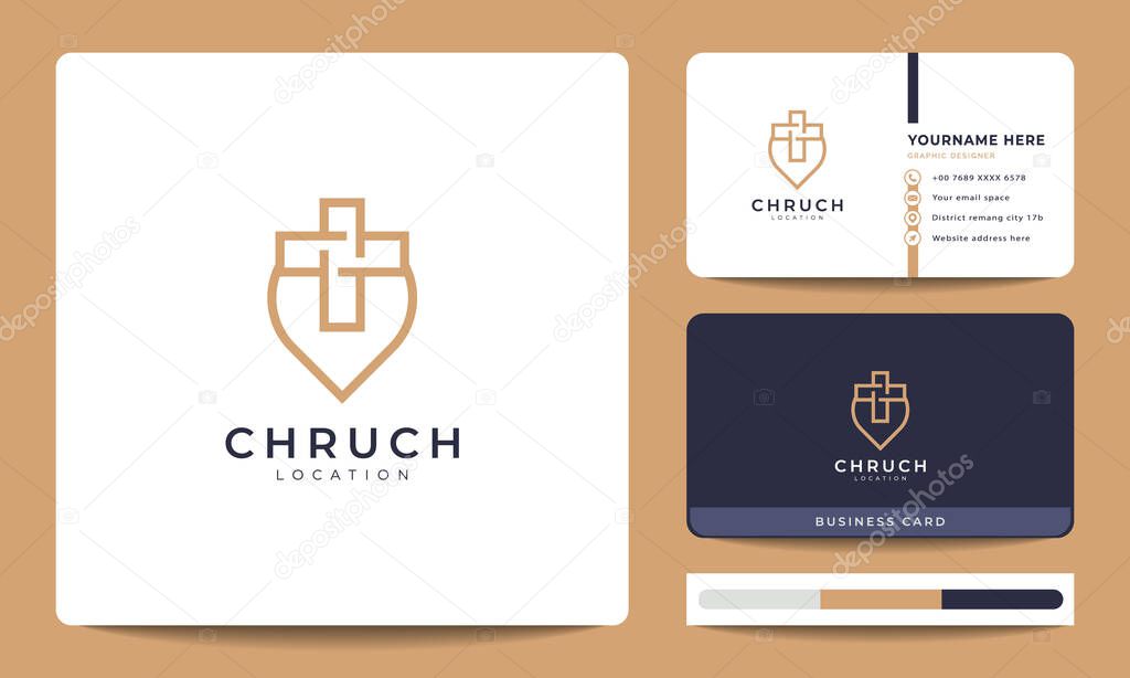 Church and Pin Location Logo Combination. Point Church GPS Line Logo and Business Card Design Template Element