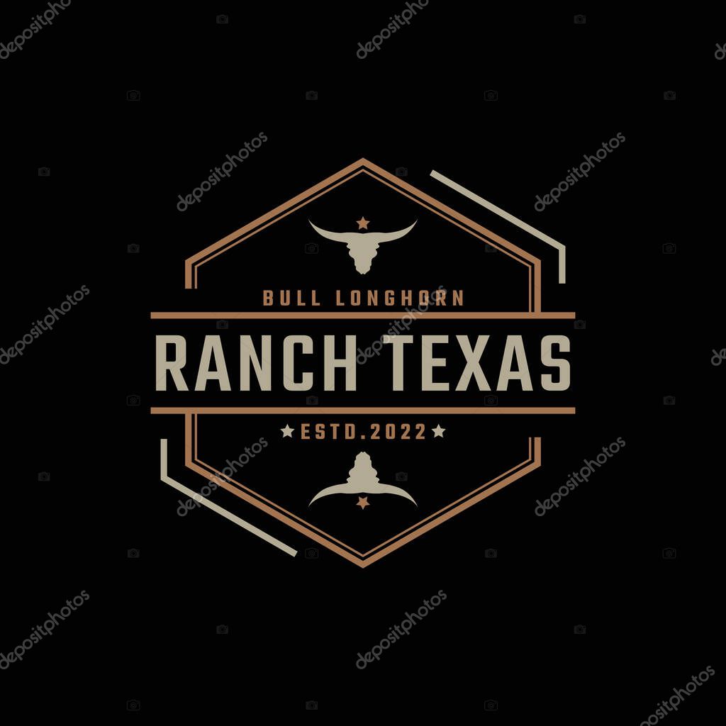 Vintage Retro Badge Emblem Texas Longhorn, Country Western Bull Cattle Logo Design Linear Style