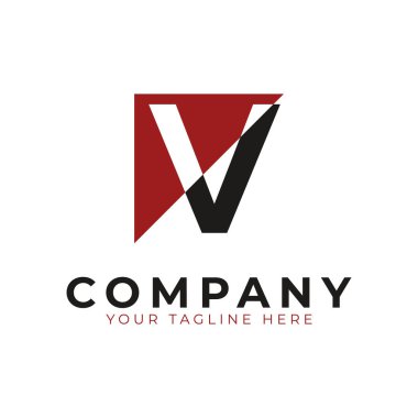 Soyut Logo Birleştirici Üçgen ve Harf V. Siyah ve Kırmızı Geometrik Ev Sembolü Kesme Biçimine Bağlı. İnşaat Mimarisi Logosu için kullanılabilir. Düz Vektör Logo Tasarım Fikir Şablonu