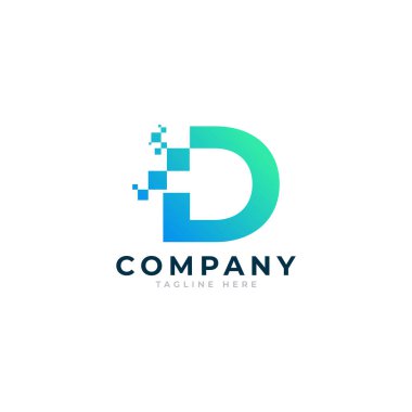 Teknik D harfi logosu. Kare Pikselli Mavi ve Yeşil Geometrik Şekiller. İş ve Teknoloji Logoları için kullanılabilir. Tasarım Fikirleri Şablonu Elemanı.